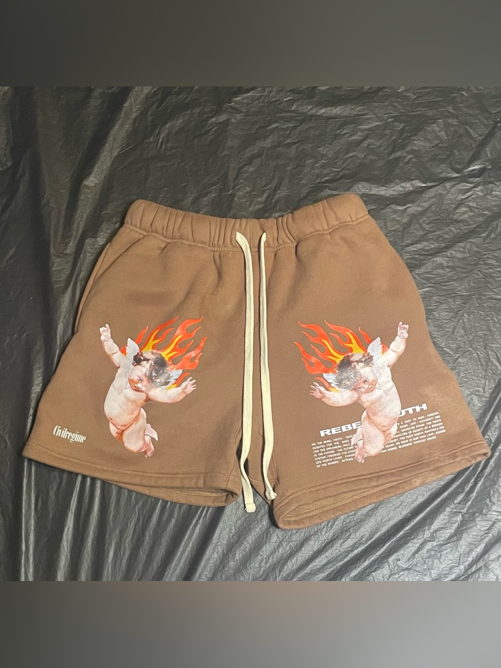 Civil Regime Rebel Youth Flaming Cherub Graphic Shorts Men’s M Brown Streetwear
